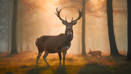 Majestic Deer Scouting Over Field In A Sunset, Cinematic Wildlife Style, Copy Space For Text Or Logo Etc. 16:9 300 DPI Wallpaper Background