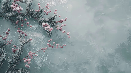 A picture of a branch covered in snow and flowers. The image has a peaceful and serene mood, as the snow and flowers create a beautiful contrast against the blue sky