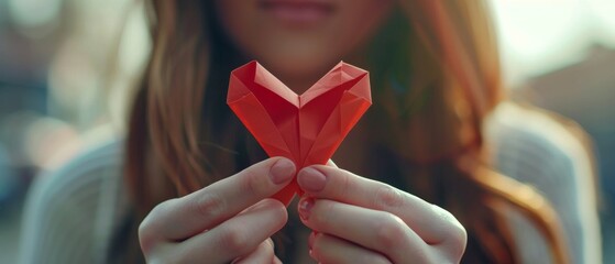 A woman holds a red paper heart in her hands. The picture is toned.