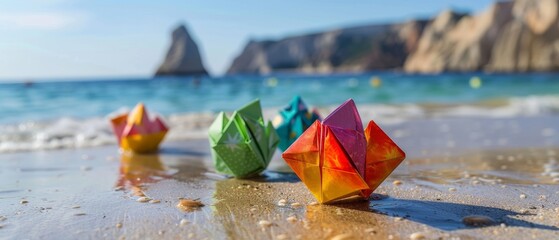 Work-life balance concept featuring an origami fortune teller at the beach - obrazy, fototapety, plakaty
