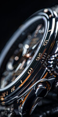 Intricate Watch Details: Studio Photography of Elegant Timepiece Side Face and Dials on Black Background