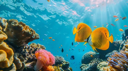 Fototapeta na wymiar Yellow butterfly fish swim in the blue sea, colorful coral reefs on both sides, high definition photography photos in the style of nature
