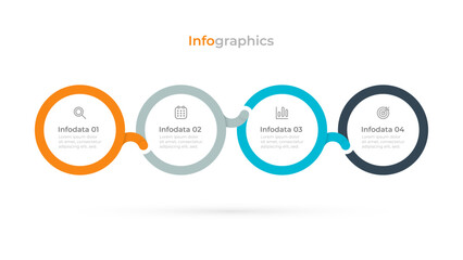Business colorful blue infographic with 4 connected circles with marketing icons. Vector illustration.