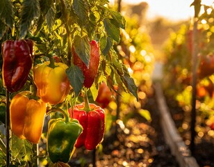 A vibrant display of red, yellow, and green bell peppers hanging from the plant, swaying gently in a breezy, sun-drenched garden.
