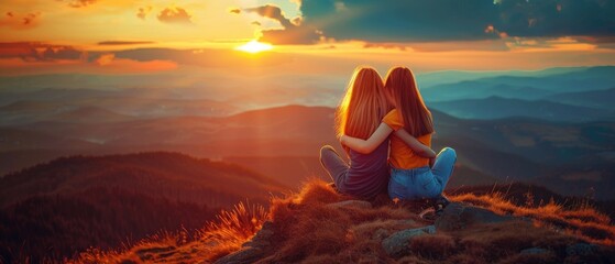 Hugging friends looking at the Carpathians mountains. Girls watching sunset from the top of the mountain.