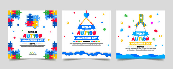 World autism awareness day social media post banner template set. Symbol of autism, World Awareness Day card. 2 April - obrazy, fototapety, plakaty