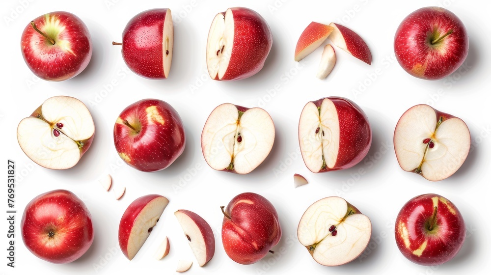 Poster isolated red apple whole pieces on white background for package design