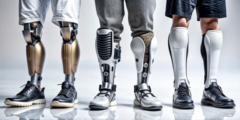 ows three prosthetic legs standing next to each other. The first one has black and grey shoes and a prosthetic leg that is a mix of grey and black. The second prosthetic leg is entirely grey and has a