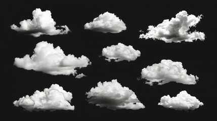 The collection of white clouds is isolated on a black background - obrazy, fototapety, plakaty
