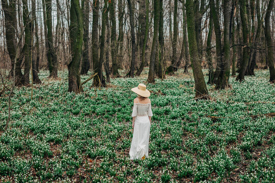 Woman walking amidst Lily-of-the-valley flowers in forest