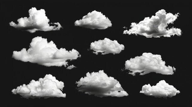 The collection of white clouds is isolated on a black background