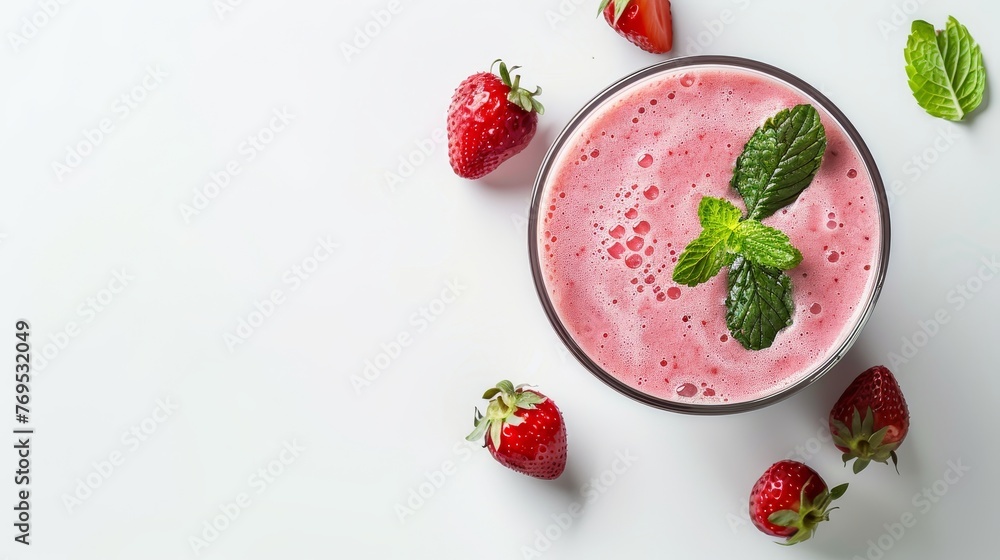 Wall mural Milkshake or cocktail with pink strawberry isolated on white background. A top-down view of the glass is shown.