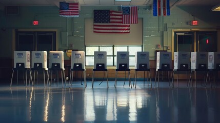 Interior of an empty polling place in the US. Row of empty white voting booths with American flags at the ballot station. Elections in the USA, democracy concept