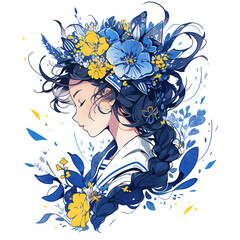 Whimsical Girl with Blue Floral Hair.

Artistic illustration of a serene girl adorned with a cascade of blue and yellow flowers, ideal for beauty themes and creative projects.