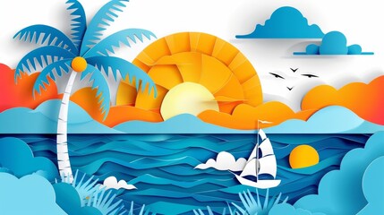 Fototapeta na wymiar An Origami World with Cutting Birds, Ships, Palm Trees, Clouds and Sun. Cutout made template with Elements and Symbols. VECTOR Illustrations Art Design for Banners, Cards, Posters.