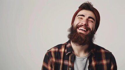 A young handsome hipster man looks at the camera smiling and laughing with a beard over a white background.