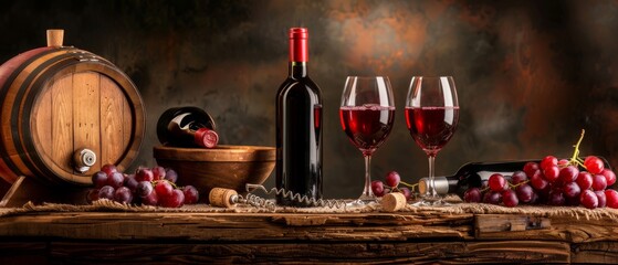 An excellent red wine bottle, a wineglass, a barrel, and a corkscrew on a rustic wooden table: traditional winemaking and wine tasting - obrazy, fototapety, plakaty