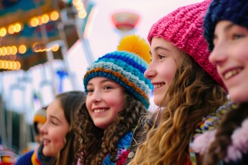 teen girls in fun, colorful beanies at an amusement park