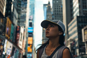 woman with a baseball cap exploring city streets - obrazy, fototapety, plakaty