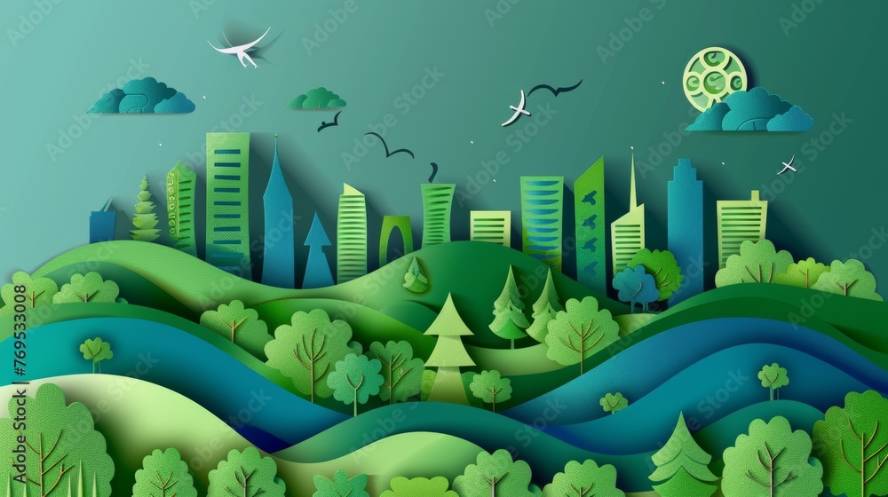 Canvas Prints Ecocity concept design with modern illustration of green energy and environment protection.