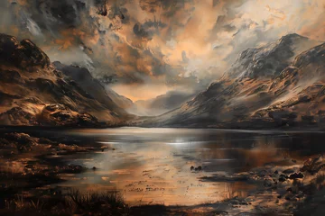 Foto op Canvas Watercolour oil painting of a mountain landscape typical of the Scottish highlands with an autumn fall scenic lake and a dramatic moody cloudy sky, stock illustration image © Tony Baggett