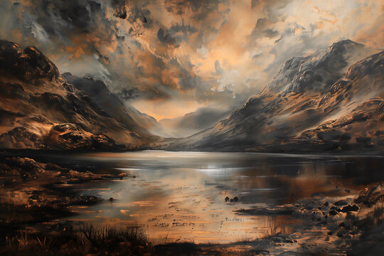 Watercolour oil painting of a mountain landscape typical of the Scottish highlands with an autumn fall scenic lake and a dramatic moody cloudy sky, stock illustration image