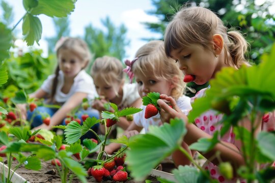 children in a garden eating strawberries straight from the plant - Powered by Adobe