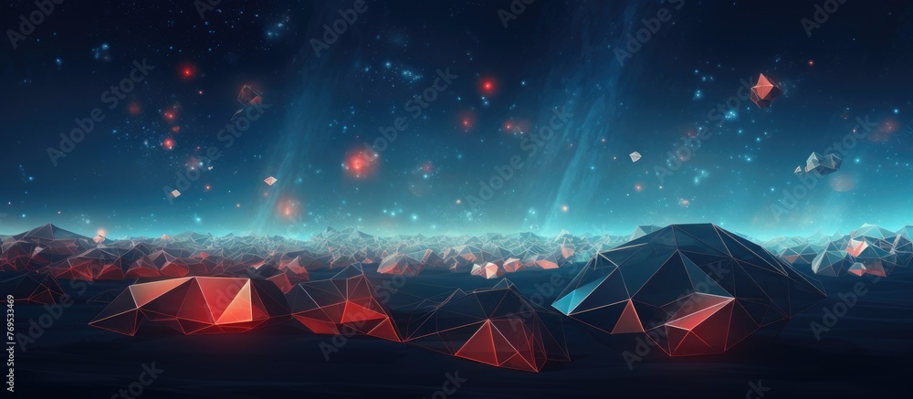 Poster a stunning computer generated image of a triangular landscape with vibrant lights shining against a 
