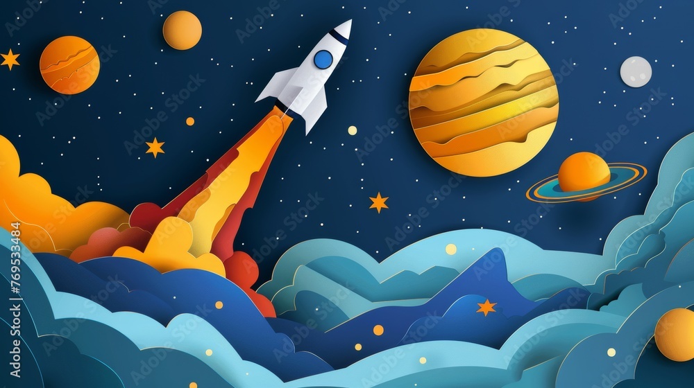 Poster in this paper art style, a rocket is flying in space. this is a flat-style modern illustration...