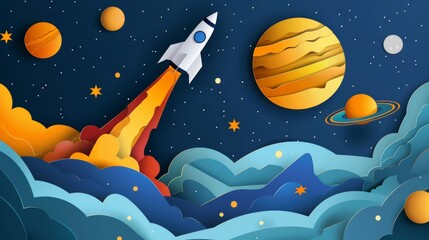 In this paper art style, a rocket is flying in space. This is a flat-style modern illustration... - obrazy, fototapety, plakaty