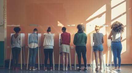People vote in a voting booth at a polling station - obrazy, fototapety, plakaty