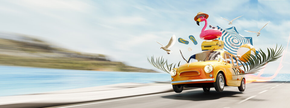 Orange retro car with luggage and beach accessories in a rush for summer vacation. Summer travel concept background. 3D Rendering, 3D Illustration