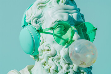 Plato statue with beard blowing bubble gum