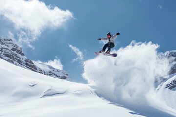 Naklejka na ściany i meble snowboarder jumping on a snowcovered mountain