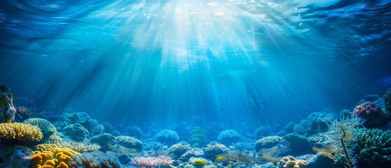 Fototapeta na wymiar An underwater scene of tropical seabeds with reefs and sunshine