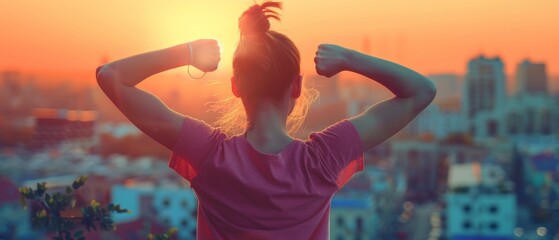 Concept of Strong Woman, Success, Wins, and Life Goals. Young Woman with her arms flexed facing the sunset. - obrazy, fototapety, plakaty