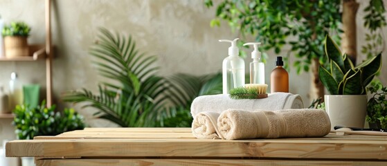 Modern eco-natural bathroom interior with green plants, spa treatment on wooden table. Eco-friendly natural cleaning products and tools.