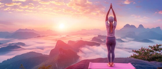 A woman posing for healthy life in yoga. Girl or people posing for exercise and zen meditation in nature mountain background in sunrise morning with mat outdoor banner. - obrazy, fototapety, plakaty