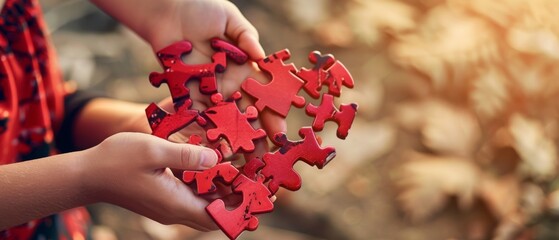 A woman and child arrange red heart shape puzzles as a symbol of charity, love, and donation. International cardiology day. - Powered by Adobe