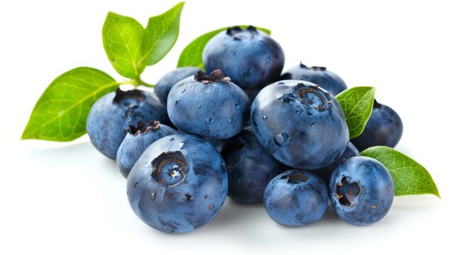 On a white background, fresh blueberries are surrounded by bluberry leaves.