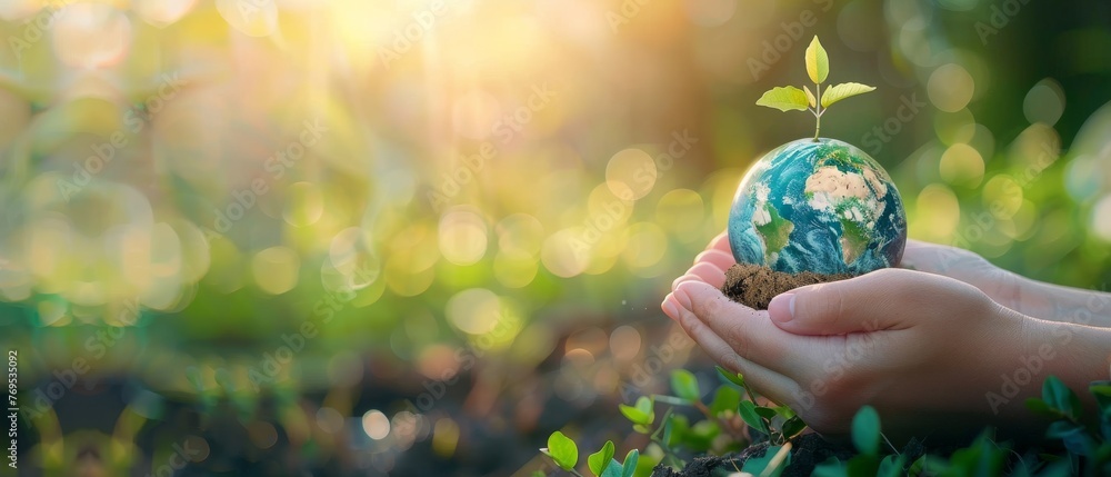 Poster an earth globe and growing tree symbolizing arbor day. ecological concept with a copy space for your