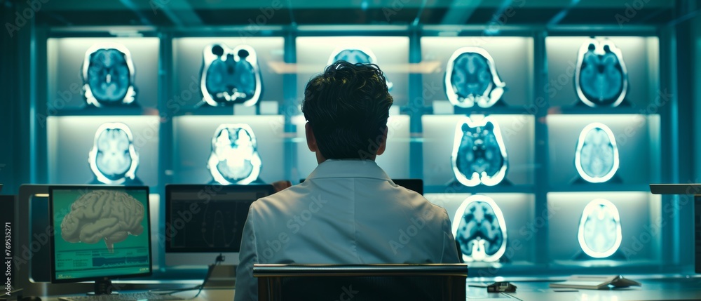 Aufkleber A doctor uses medical innovation in the form of technology to diagnose a patient's health problem using intelligence network. A doctor uses medical and scientific innovation to develop solutions to