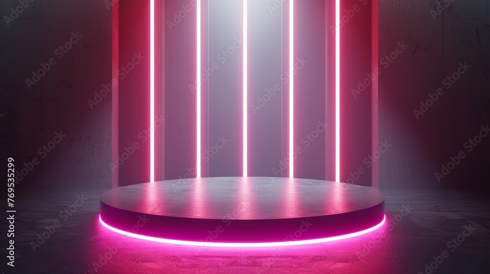 Aufkleber This is an abstract, shiny silver cylinder pedestal podium scene with vertical neon lighting. The picture is rendered in 3D, and the presentation is a product display presentation. The background is