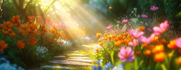 Obraz na płótnie Canvas Beautiful garden a path with colorful flowers, dreamy background.