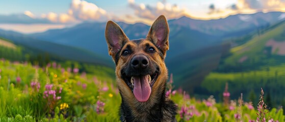 Mix breed dog in the mountains with tongue out and happy expression. Hiking with dog. - obrazy, fototapety, plakaty