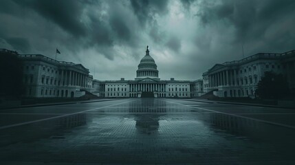 Stark cloudy weather over empty exterior view of the US Capitol Building in Washington DC, USA - Powered by Adobe