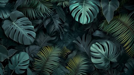The jungle with dark coloured leaves, exotic atmosphere. Tropical leaves background.