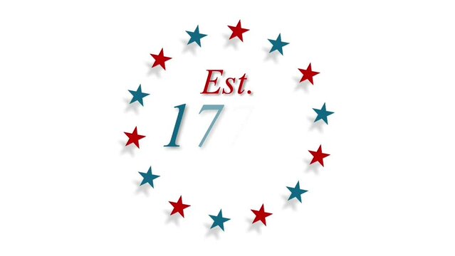 Est. 1776 animation with blue and red stars. Concepts of Independence Day, Memorial Day, Veteran's Day, 4th of July, or other patriotic USA holiday
