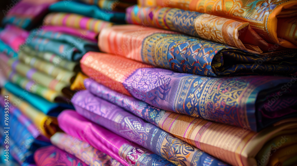 Poster stacked display of various asian fabrics, each with unique patterns and vibrant colors epitomizing t