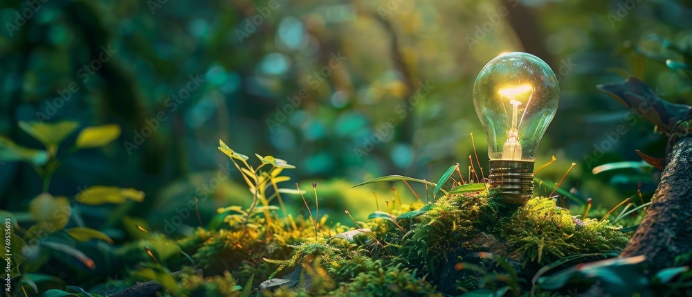 Aufkleber The concept of renewable energy is symbolized by a green forest with moss and grass as well as a light bulb. There is an emphasis on the idea of sustainable and eco-friendly energy sources.
